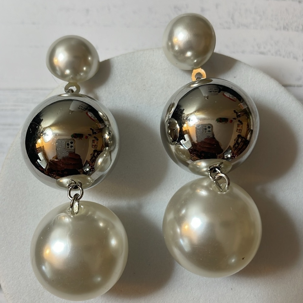Pearl Silver Bauble Drop Earrings - Picture 10 of 16